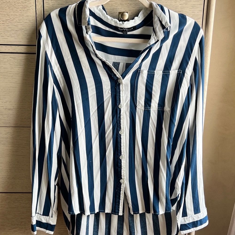 Blue and white striped long sleeve blouse